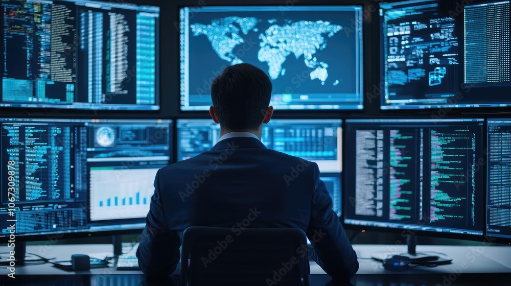 Poster Administrator monitoring network performance on multiple screens. 