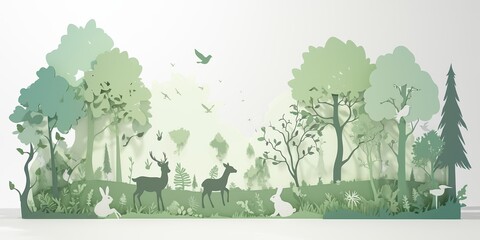 Papercut Forest Scene with Deer  Birds  and Rabbit