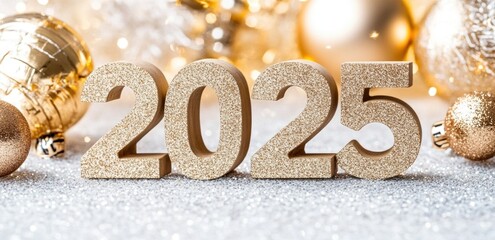 Glittering 2025 celebration with golden holiday ornaments and sparkling background