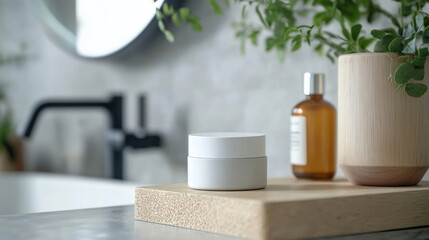 Modern Bathroom Decor with Skincare Products on Wooden Tray for a Minimalist Spa Retreat. Generative ai