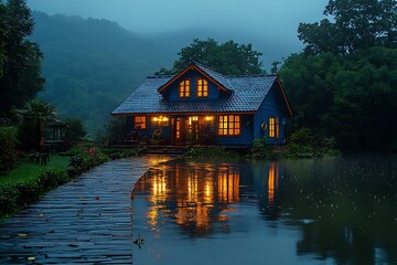 Obraz premium A cozy wooden house by the lake on a rainy evening