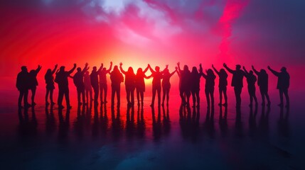 Naklejka premium Lets stand together. Shot of a group of unrecognizable people holding hands together in the air. 