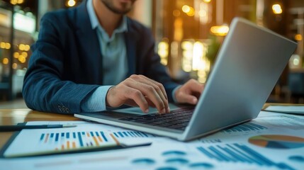 Financial planner using a laptop to analyze retirement plans in a formal setting. 