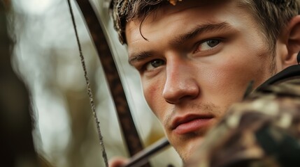 Young archer focused on his target while hunting in the woods during autumn, showcasing determination and skill in his craft