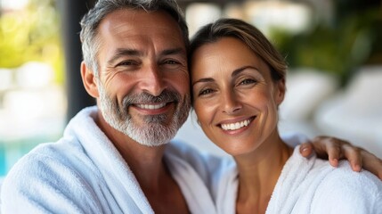Obraz premium Mature Couple Enjoying Relaxation in Spa Setting with Genuine Smiles. Generative ai