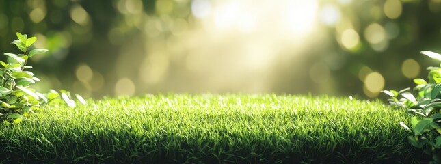 Green Grass Field With Sunlight And Bokeh Background