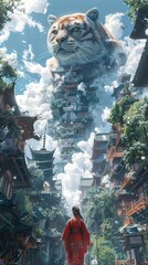 Giant Tiger Soaring Above a Mystical Asian Cityscape