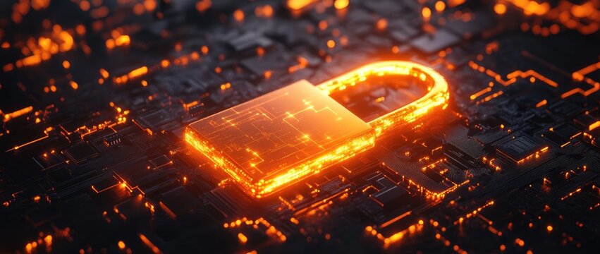 3D Illustration of Glowing Padlock with Computer Chip on Neon Background. Network Data Protection and Cybersecurity