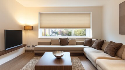 Cellular blinds in warm beige, installed on a living room window, showcasing insulation benefits in a stylish design.