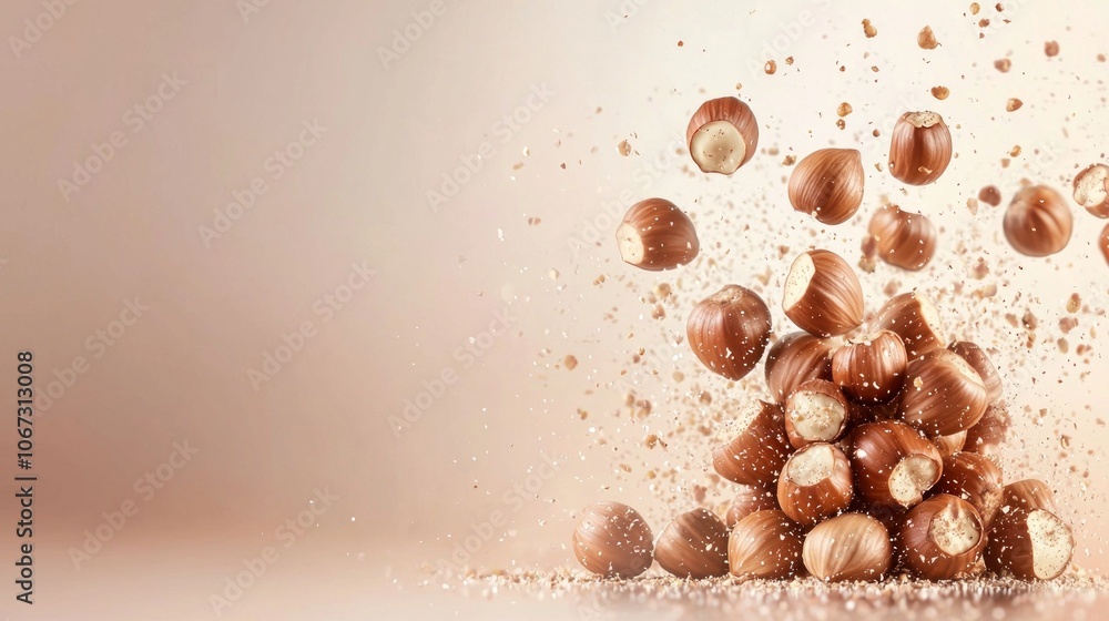 Poster vibrant display hazelnuts arranged soft bright background. low key contour lighting highlights their