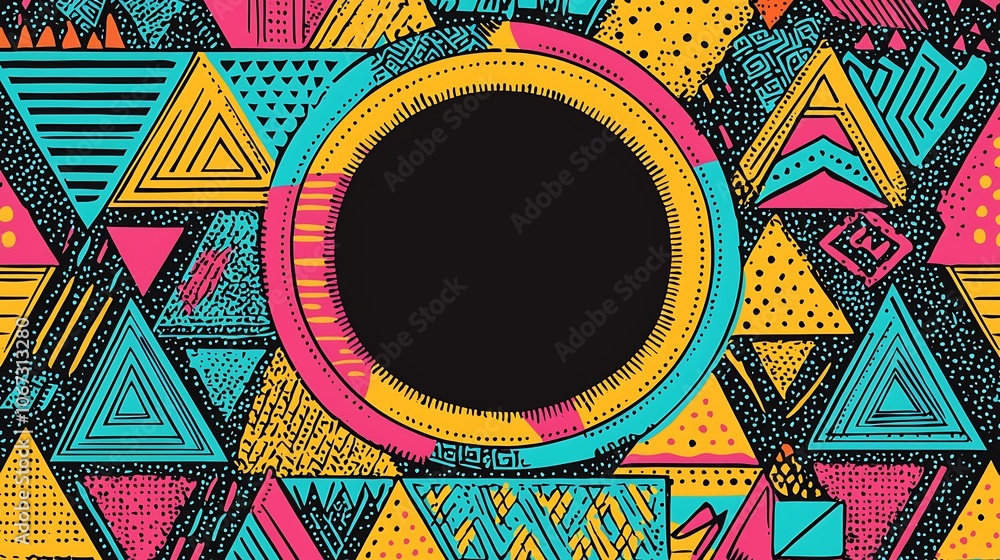 Poster retro neon patterns with funky borders in 80s style