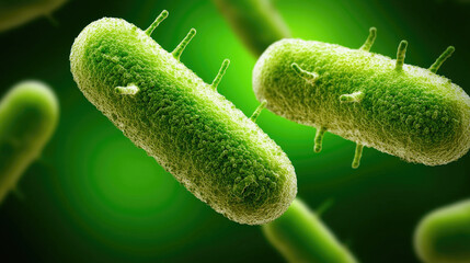 Fototapeta premium Green bacteria under a microscope, showcasing their unique shape and texture in a vibrant, blurred background.