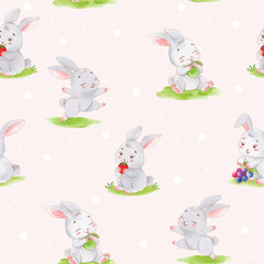  Seamless pattern of hand-painted watercolor bunnies in various poses on a pink polka dot background, ideal for spring or Easter-themed designs.