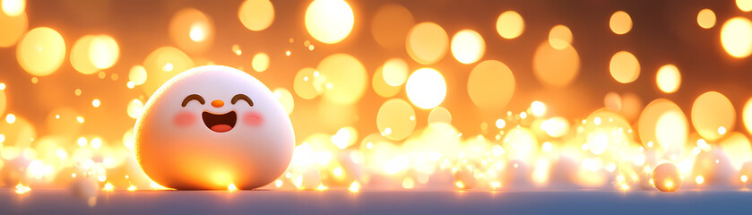 A delightful character radiates happiness amidst a backdrop of glittering lights creating a warm and enchanting atmosphere.