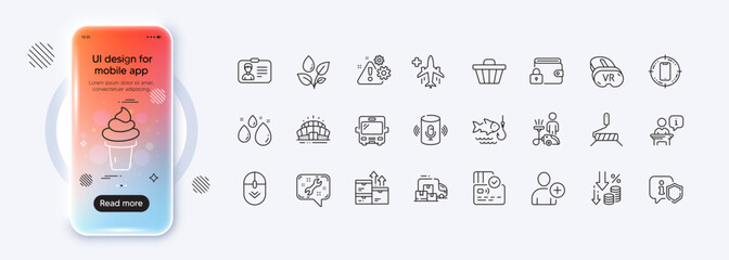 Water drop, Ice cream and Delivery truck line icons for web app. Phone mockup gradient screen. Pack of Voice assistant, Arena stadium, Cleaning pictogram icons. Vector