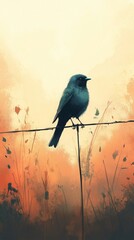 Fototapeta premium Bluebird on a Wire, A vibrant bluebird rests gracefully on a wire against a dreamy, softly blurred sky backdrop