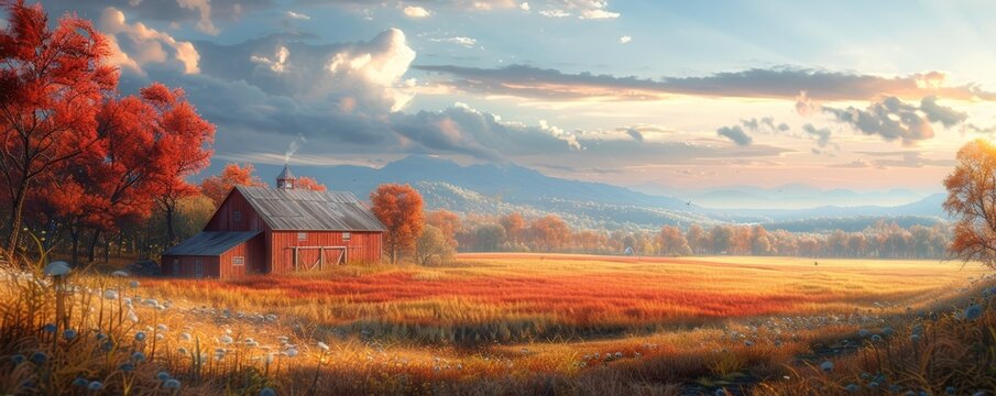 Beautiful Countryside Real Estate with Red Barn and Scenic Autumn Landscape at Sunset