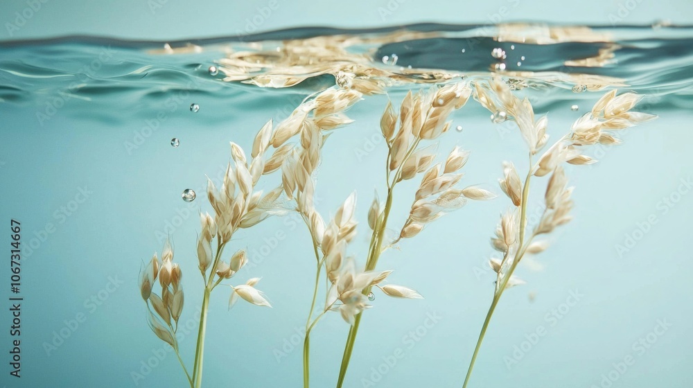Poster clusters oats float gracefully waters surface creating tranquil atmosphere. artistic composition sho