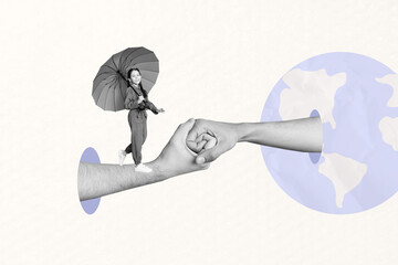 Composite trend artwork 3D image photo collage of school age girl hold umbrella walk huge hand...