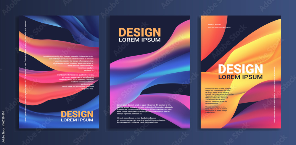 Poster magazine cover with abstract design for branding and advertising. flowing colorful wave patterns wit