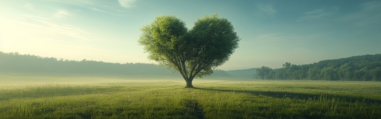 Obraz premium Heart-shaped Tree in Green Meadow with Blue Sky Background