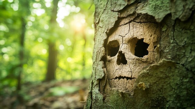 Ancient Tree Carvings, cryptic clues etched in bark, whispers of nature's secrets, mysteries hidden within the forest depths