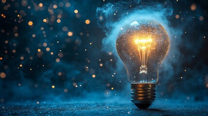 Illuminated Light Bulb in Darkness with Dust Particles, showcasing a vibrant glow amidst a shadowy backdrop, creating a captivating contrast.
