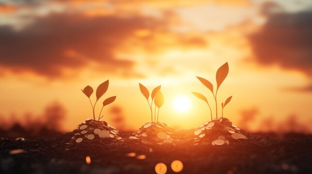 Growing Wealth, digital landscape of towering coin hills, symbolizing investment growth, warm sunset hues, intricate details, inspiring financial optimism