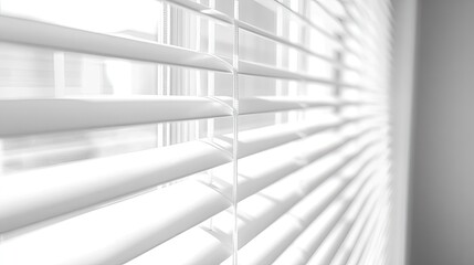 Horizontal blinds with a textured finish, partially closed on a bright white background, highlighting clean, minimal lines.