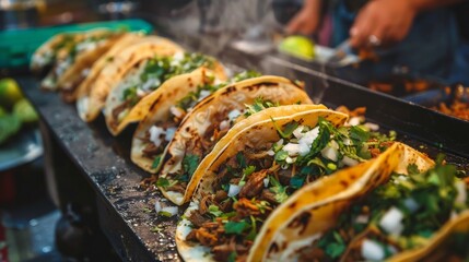 A vibrant Mexican food stall offering tacos al pastor, garnished with cilantro, onions, and lime