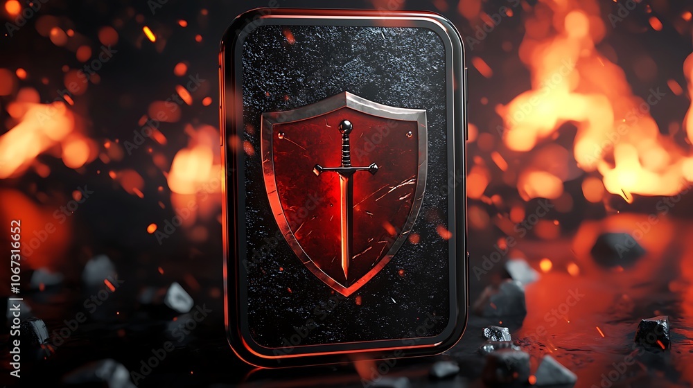 Poster shield icon for app with fiery background