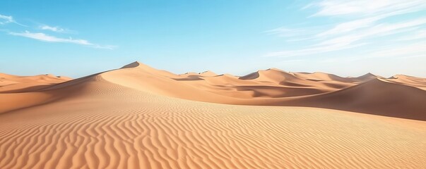 Desert dunes with blue sky blank area for graphics, warm sand tones, nature placeholder, serene desert