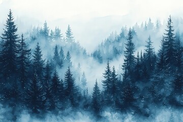 Watercolor winter forest background, blue and white color palette