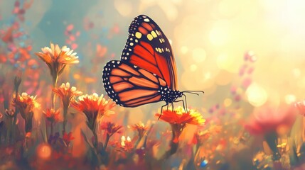 Butterfly on Blooming Flower, a vibrant butterfly gracefully lands on a radiant flower, surrounded by a soft-focus floral backdrop.