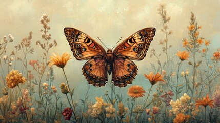 Butterfly resting on a vibrant flower, surrounded by a dreamy field of blossoms, showcasing delicate patterns and colors.