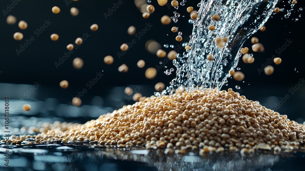Poster quinoa groats float separately as water cascades creating splashes and emphasizing texture and color