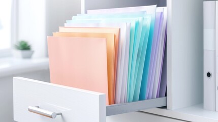 Organized office workspace with colorful file folders in modern cabinet.