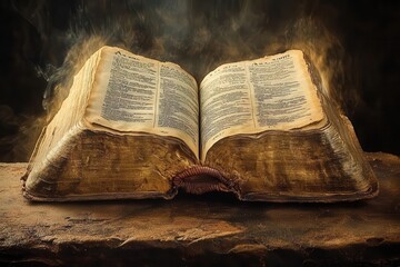 open bible displaying the book of acts illuminated and dramatically presented against a dark background creating an epic reverent atmosphere for religious reflection and study