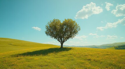 Tree in the shape of a heart under blue sky in springtime, nature and love symbol