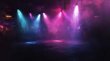 A hazy nightclub scene with colorful spotlights sweeping through smoky air