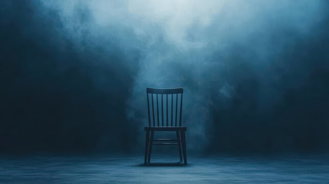 A lone spotlight shining on an empty chair, with smoke creeping in from the edges