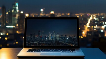 Open laptop on a desk in front of city view, blank screen, business graphic space, professional ambition