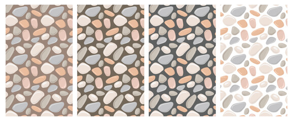 Round stone mosaic pattern. Grey pebbles on different background. Set of abstract vector seamless wallpaper with rounded elements. For interior, travel, beauty and spa, textile design