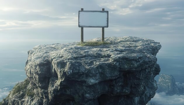 Rocky cliff with blank signpost in center, adventurous tones, nature graphic template, explorer s haven