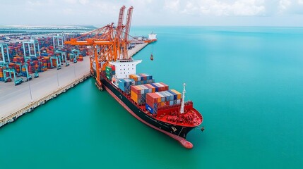 Cargo ship being loaded at port, global trade concept, streamlined supply chain
