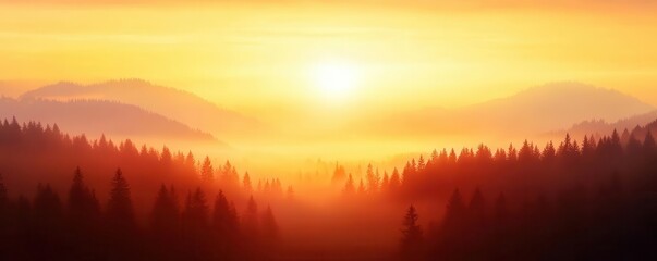 Obraz premium Sunrise through misty valley with open space for message, warm tones, nature placeholder, morning glow