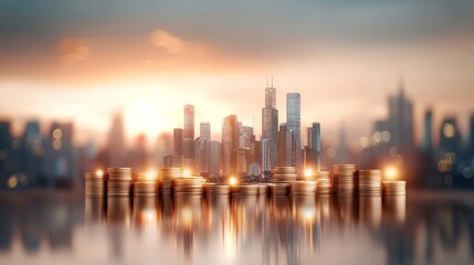 Obraz premium Urban Investment Ascendancy, a sleek skyline emerging from stacks of coins, symbolizing economic growth, set against a dusk backdrop.