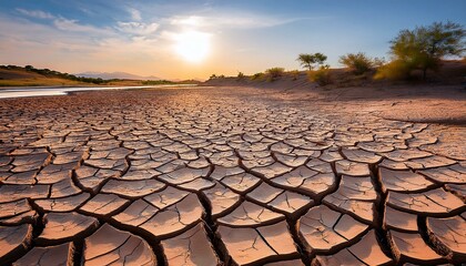 Dry, cracked earth at sunset.