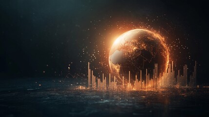 Futuristic globe surrounded by dynamic financial graphs, representing global investment trends, economic advancement, interconnected markets
