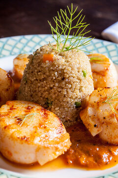 Seared Scallops and Quinoa pilaf closeup 